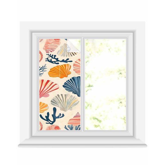 Window Privacy Film Shell Coastal Stained Glass Window Film Decorative Sun Block Window Cover Summer Beach Nautical Coral Ocean Window Clings Static Adhesive Sticker for Bathroom 19.6"x39.3"