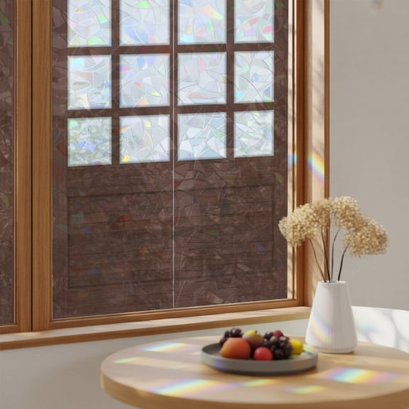 Window Privacy Film, Shoji Screen Stained Glass Rainbow Film Japanese Style Dark Brown Wood Texture Decorative Window Clings, Static Cling Sun Blocking Stickers For Bathroom Bedroom 17.7"x39.3"