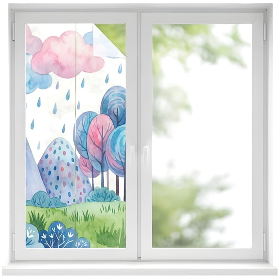 Window Privacy Film Simple Line-drawing Forest Stained Glass Window Film Decorative Sun Block Window Cover Colorful Rainy Mountain Window Clings Static Adhesive Sticker for Bathroom 19.6"x39.3"