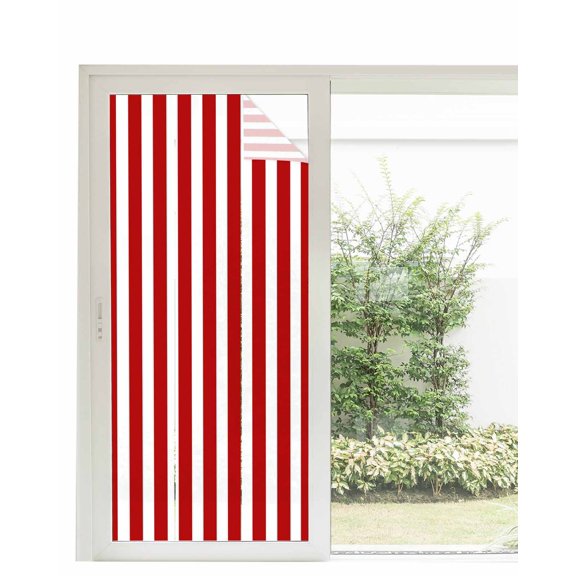 Window Privacy Film, Simple Red Stripes UV Sun Blocking Window Tint Film Heat Control One Way Blackout Window Film, Geometric Vertical Linens Modern Minimalism Non Adhesive Static Cling 35.4x78.7 In