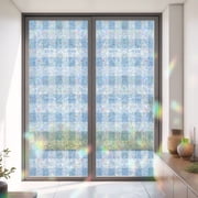 Window Privacy Film Simple Spring Blue White Lattice Stained Glass Static Cling 35x79inch, Farmhouse Simplistic Gingham Rainbow Window Film Glass Sticker for Bathroom Bedroom Home