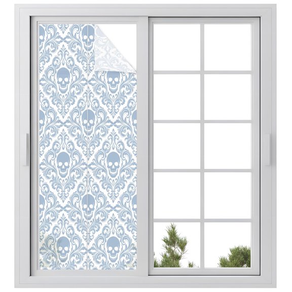 Window Privacy Film Skeleton Stained Glass Window Film Decorative Sun Block Window Cover Light Blue Horror Skull Abstract Patterned Window Clings Static Adhesive Sticker for Bathroom 23.6"x59"