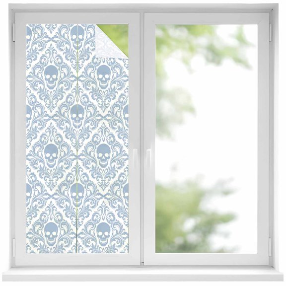 Window Privacy Film Skeleton Stained Glass Window Film Decorative Sun Block Window Cover Light Blue Horror Skull Abstract Patterned Window Clings Static Adhesive Sticker for Bathroom 17.7"x39.3"
