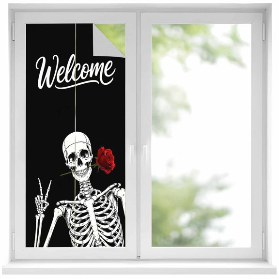 Window Privacy Film Skeletons Roses Stained Glass Window Film Decorative Sun Block Window Cover Horror Minimalism Modern Aesthetic Window Clings Static Adhesive Sticker for Bathroom 17.7"x39.3"