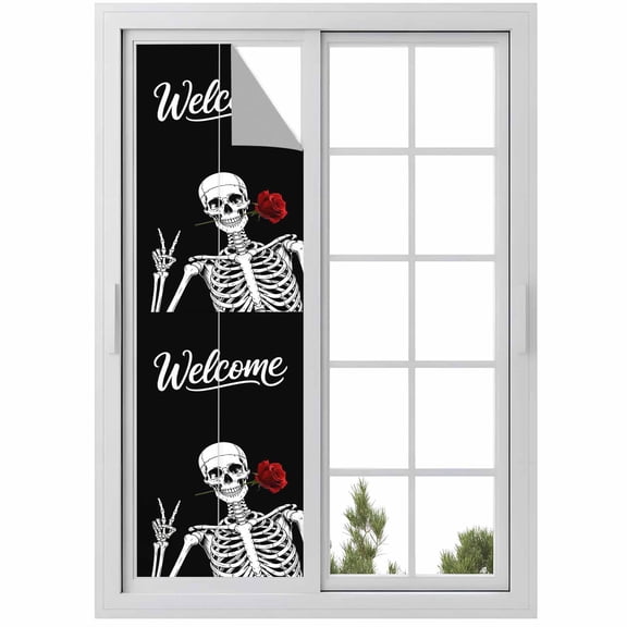 Window Privacy Film Skeletons Roses Stained Glass Window Film Decorative Sun Block Window Cover Horror Minimalism Modern Aesthetic Window Clings Static Adhesive Sticker for Bathroom 29.5"x118"