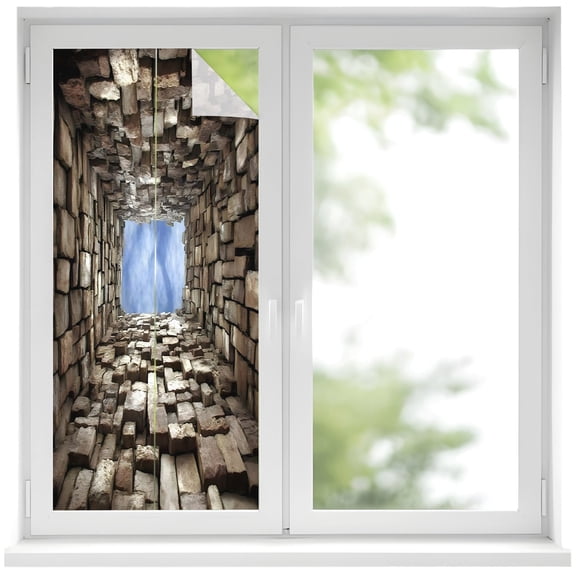Window Privacy Film Sky Aperture Stained Glass Window Film Decorative Sun Block Window Cover Brown Square Well Clouds Upward Gaze Window Clings Static Adhesive Sticker for Bathroom 17.7"x39.3"
