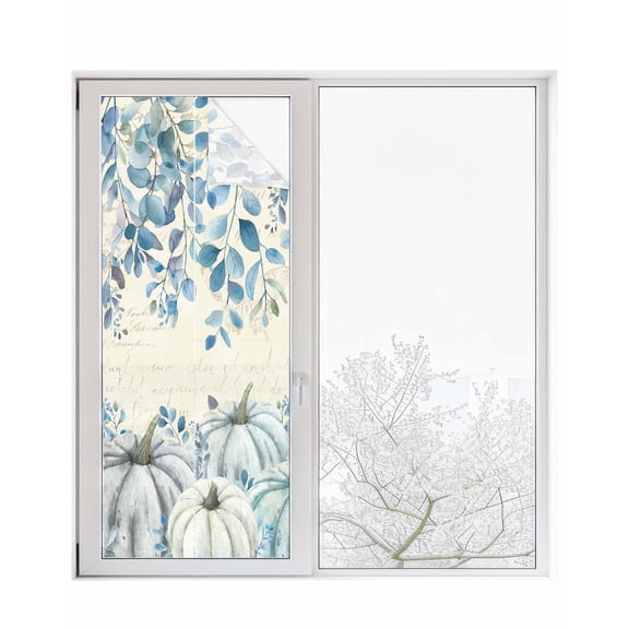 Window Privacy Film, Sky Blue Fall Sun Blocking Window Tint Film Heat Control One Way Blackout Window Film, Thanksgiving Eucalyptus White Pumpkins Retro Newspaper Non Adhesive Static Cling 29.5x78.7