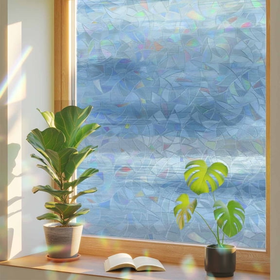 Window Privacy Film Sky Blue Foggy Cloud Stained Glass Window Film Ombre Abstract Art Rainbow Static Window Clings for Glass Windows Home Bathroom Living Room Office Glass Door Sticker 17.7"39.3"