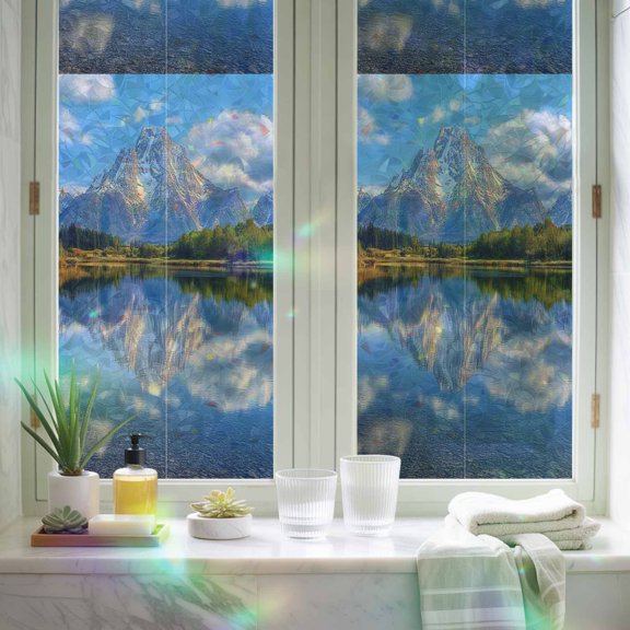 Window Privacy Film,Snow Capped Mountain Static Clings Decorative Rainbow Window Films Stickers Lake Reflection Sun Blocking Glass Cover for Home Bathroom Office,17.7"x39.3"
