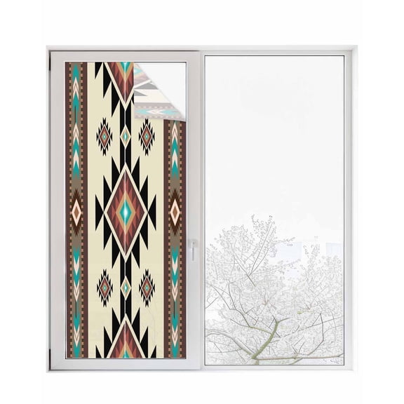 Window Privacy Film Southwest Geometric Stained Glass Window Film Decorative Sun Block Window Cover Brown Mexican Aztec Boho Tribal Window Clings Static Adhesive Sticker for Bathroom 23.6"x59"