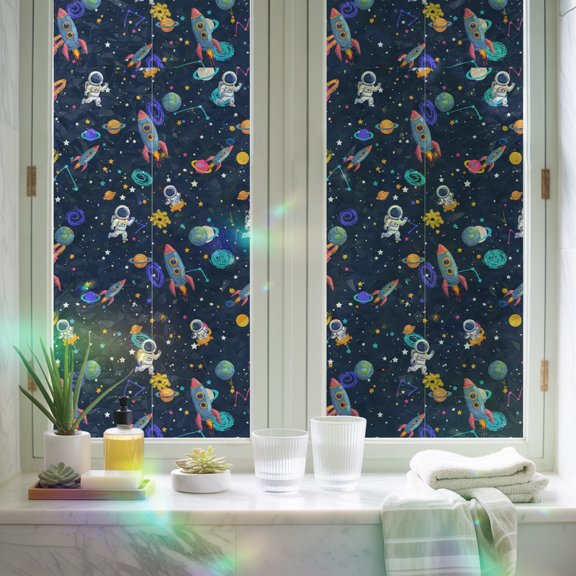 Window Privacy Film,Space Planet Cartoon Rocket Static Clings Decorative Rainbow Window Films Stickers Stars and Moon on Black Sun Blocking Glass Cover for Home Bathroom Office,17.7"x39.3"