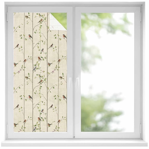 Window Privacy Film Sparrow Stained Glass Window Film Decorative Sun Block Window Cover Spring Birds on The Branches Retro Country Beige Window Clings Static Adhesive Sticker for Bathroom 19.6"x39.3"