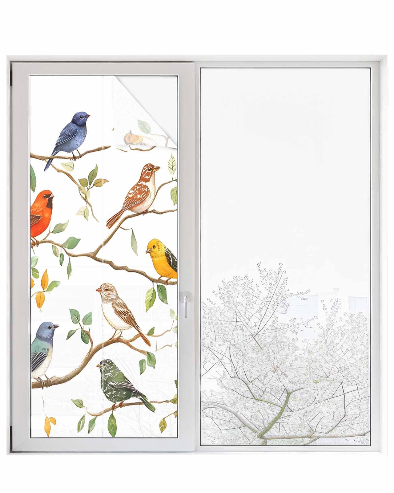 Window Privacy Film Spring Bird Leaf Stained Glass Window Film Decorative Sun Block Window Cover Farmhouse Tree Branch Nature Animals Window Clings Static Adhesive Sticker for Bathroom 23.6"x59"