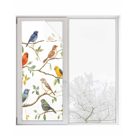 Window Privacy Film Spring Bird Leaf Stained Glass Window Film Decorative Sun Block Window Cover Farmhouse Tree Branch Nature Animals Window Clings Static Adhesive Sticker for Bathroom 23.6"x59"