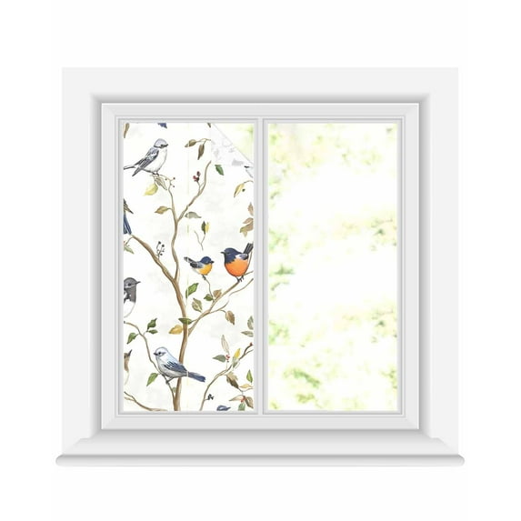 Window Privacy Film Spring Bird Stained Glass Window Film Decorative Sun Block Window Cover Retro Leaf Flower Branch Animal Watercolor Window Clings Static Adhesive Sticker for Bathroom 17.7"x39.3"
