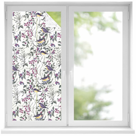 Window Privacy Film Spring Botanical Birds Stained Glass Window Film Decorative Sun Block Window Cover Garden Floral Twigs Farmhouse Window Clings Static Adhesive Sticker for Bathroom 19.6"x39.3"