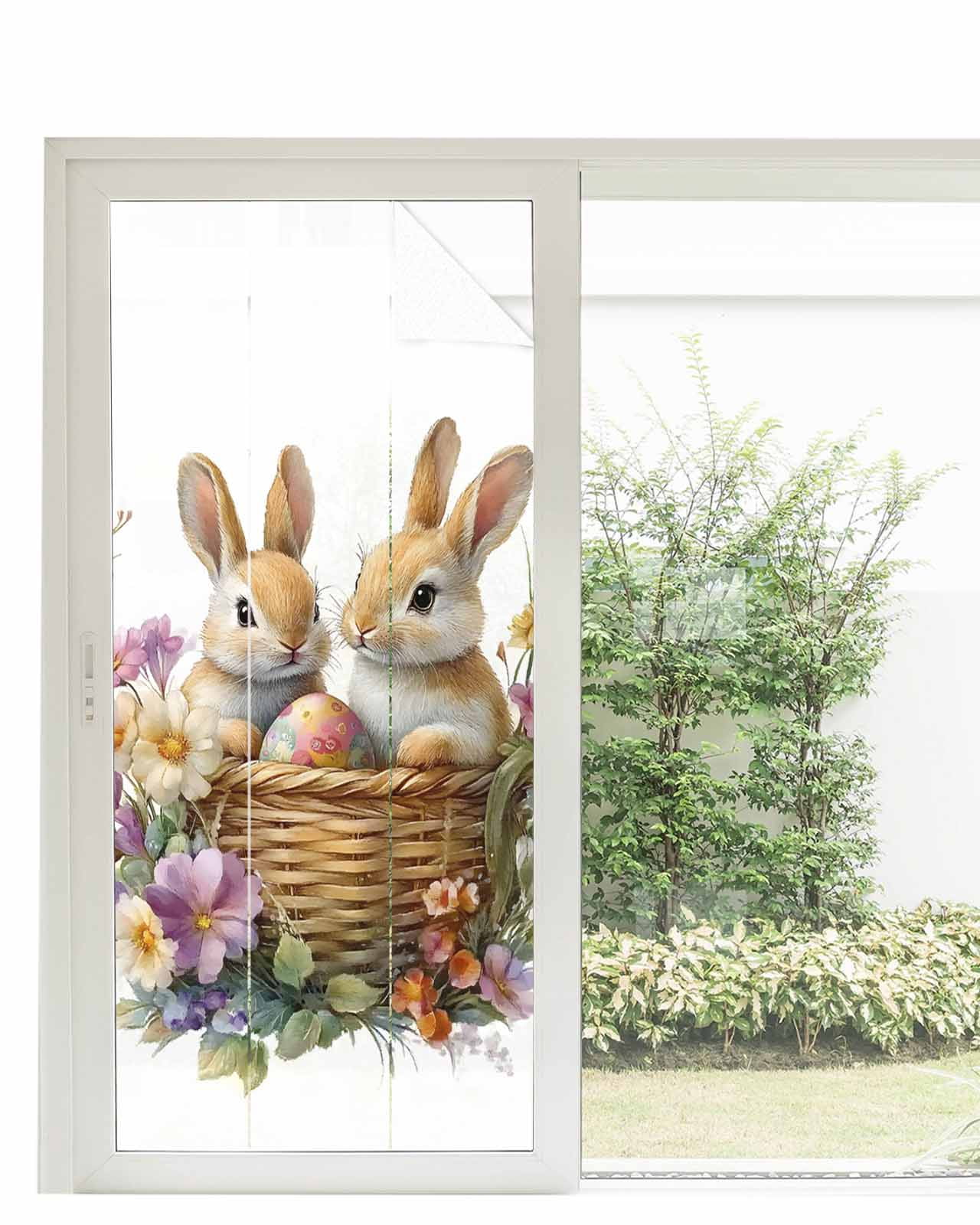 Window Privacy Film Spring Easter Stained Glass Window Film Decorative Sun Block Window Cover Bunny Floral Blooming Botanical Window Clings Static Adhesive Sticker for Bathroom 35.4"x78.7"