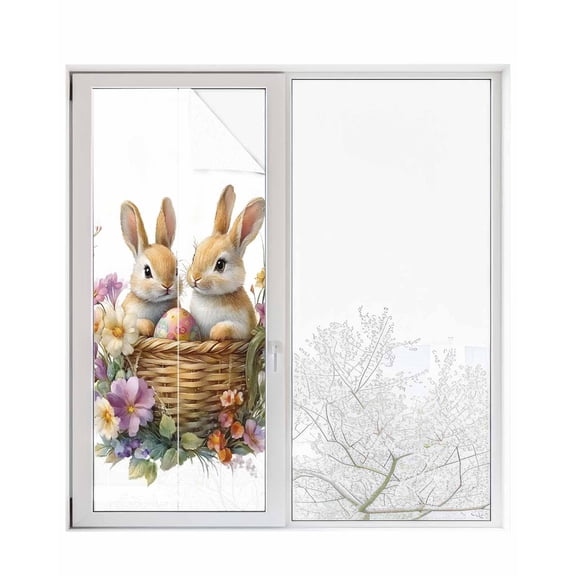 Window Privacy Film Spring Easter Stained Glass Window Film Decorative Sun Block Window Cover Bunny Floral Blooming Botanical Window Clings Static Adhesive Sticker for Bathroom 23.6"x59"