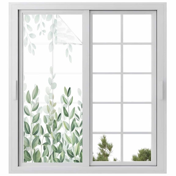 Window Privacy Film Spring Emerald Green Eucalyptus Stained Glass Window Film Decorative Sun Block Window Cover Botanical Leaf Country Window Clings Static Adhesive Sticker for Bathroom 23.6"x59"
