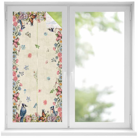 Window Privacy Film Spring Floral Birds Stained Glass Window Film Decorative Sun Block Window Cover Butterflies Daisy Farmhouse Flowers Window Clings Static Adhesive Sticker for Bathroom 17.7"x39.3"