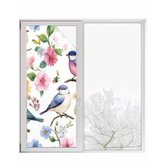 Window Privacy Film Spring Floral Birds Stained Glass Window Film Decorative Sun Block Window Cover Watercolor Birds Chic Flowers Window Clings Static Adhesive Sticker for Bathroom 23.6"x59"