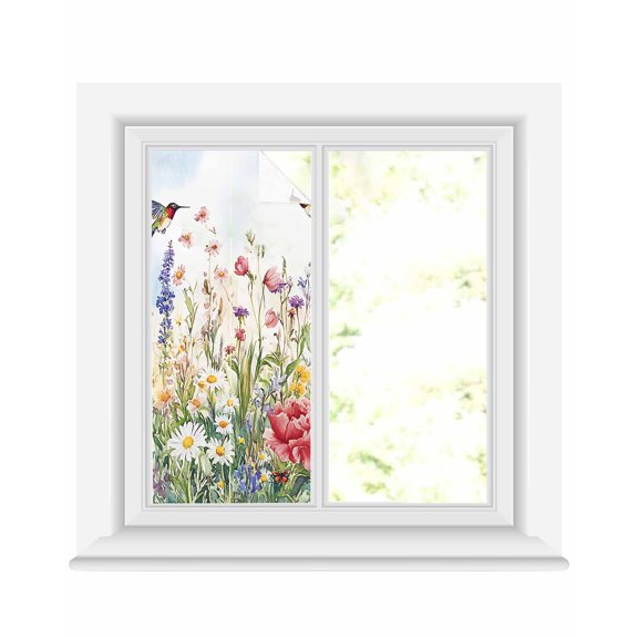 Window Privacy Film Spring Floral Stained Glass Window Film Decorative Sun Block Window Cover Botanical Blossom Seasonal Wildflower Window Clings Static Adhesive Sticker for Bathroom 19.6"x39.3"