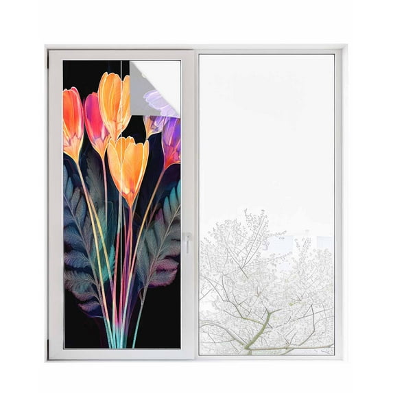 Window Privacy Film Spring Floral Stained Glass Window Film Decorative Sun Block Window Cover Botanical Tulip Flower Leaf Plant Window Clings Static Adhesive Sticker for Bathroom 23.6"x59"