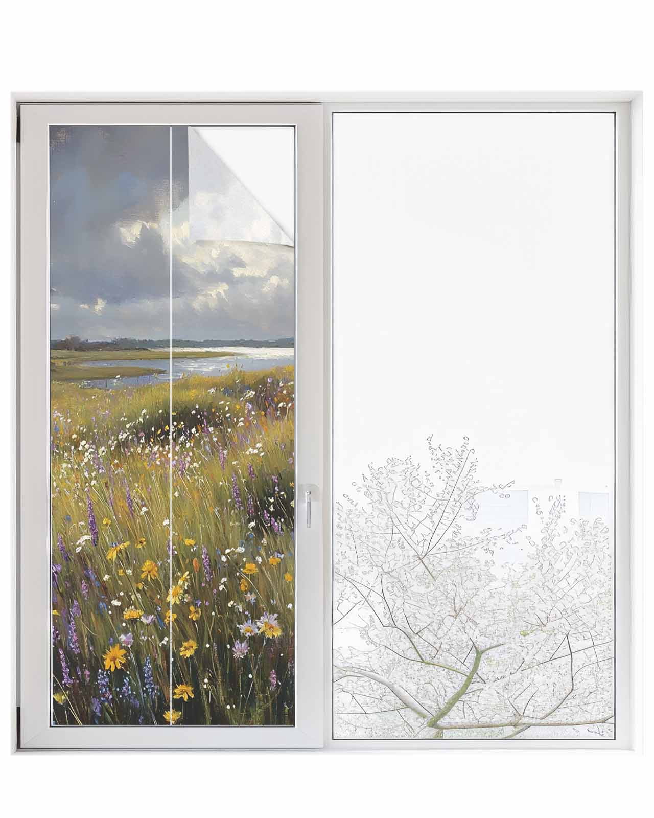Window Privacy Film Spring Floral Stained Glass Window Film Decorative Sun Block Window Cover Modern Oil Painting Farmhouse Window Clings Static Adhesive Sticker for Bathroom 29.5"x78.7"