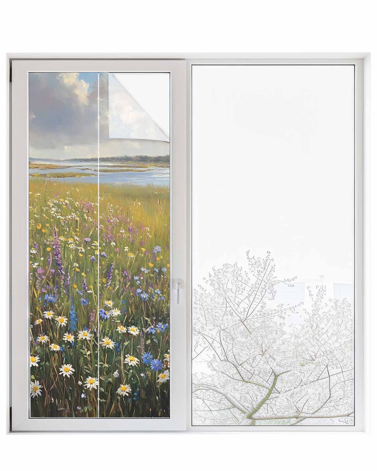 Window Privacy Film Spring Floral Stained Glass Window Film Decorative Sun Block Window Cover Modern Oil Painting Summer Botanical Window Clings Static Adhesive Sticker for Bathroom 29.5"x78.7"