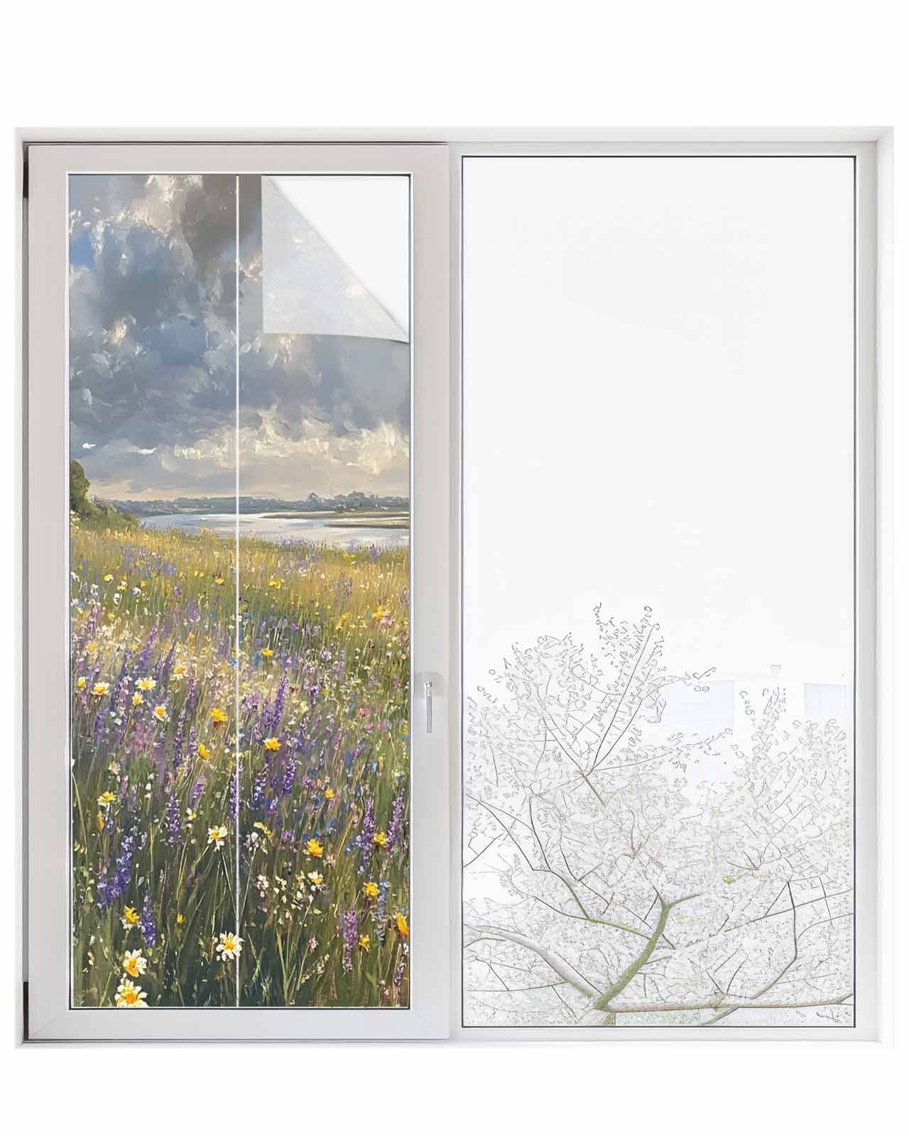 Window Privacy Film Spring Floral Stained Glass Window Film Decorative Sun Block Window Cover Pastoral Botanical Oil Painting Flower Window Clings Static Adhesive Sticker for Bathroom 29.5"x78.7"