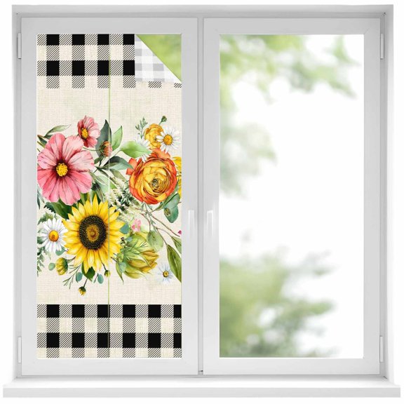 Window Privacy Film Spring Floral Stained Glass Window Film Decorative Sun Block Window Cover Sunflower Black White Plaid Pastoral Rustic Window Clings Static Sticker for Bathroom 19.6"x39.3"