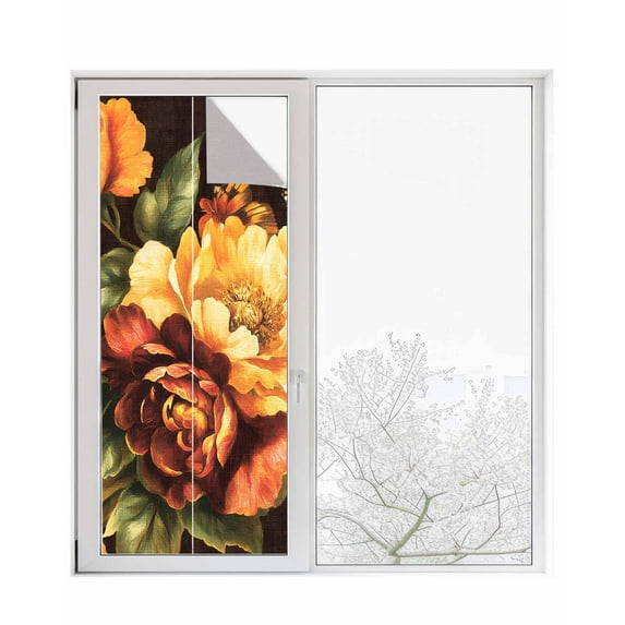 Window Privacy Film Spring Floral Stained Glass Window Film Decorative Sun Block Window Cover Vintage Oil Painting Flower Butterfly Window Clings Static Adhesive Sticker for Bathroom 29.5"x78.7"