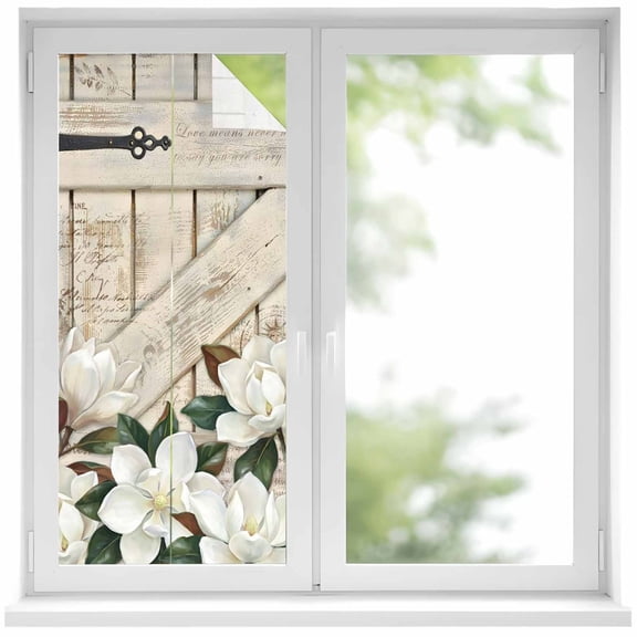Window Privacy Film Spring Floral Stained Glass Window Film Decorative Window Cover White Magnolia Flowers Barn Door Farmhouse Beige Window Clings Static Adhesive Sticker for Bathroom 17.7"x39.3"