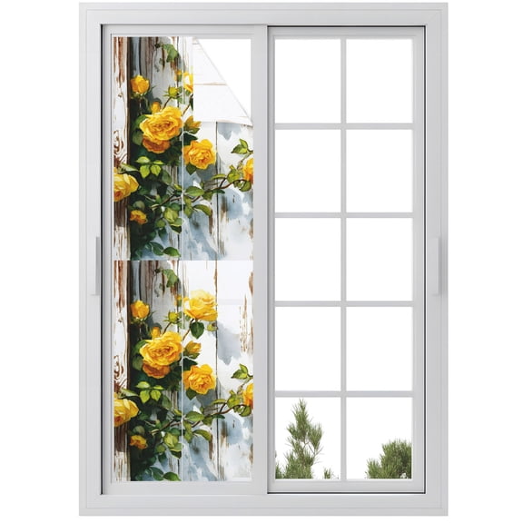 Window Privacy Film Spring Floral Stained Glass Window Film Decorative Window Cover Yellow Roses Flowers Leaves Farmhouse Wooden Window Clings Static Adhesive Sticker for Bathroom 29.5"x118"