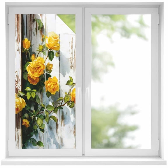 Window Privacy Film Spring Floral Stained Glass Window Film Decorative Window Cover Yellow Roses Flowers Leaves Farmhouse Wooden Window Clings Static Adhesive Sticker for Bathroom 19.6"x39.3"