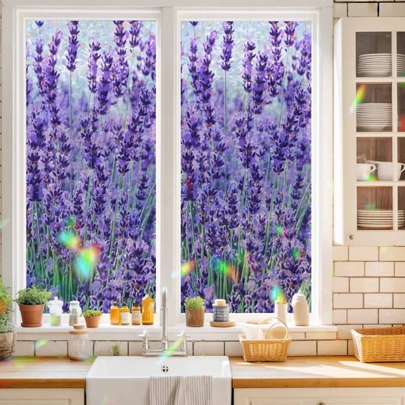 Window Privacy Film, Spring Florals Stained Glass Rainbow Film Vintage Floral Green Leaf Plant Decorative Window Clings, Static Cling Sun Blocking Stickers For Bathroom Bedroom 19.6"x39.3"