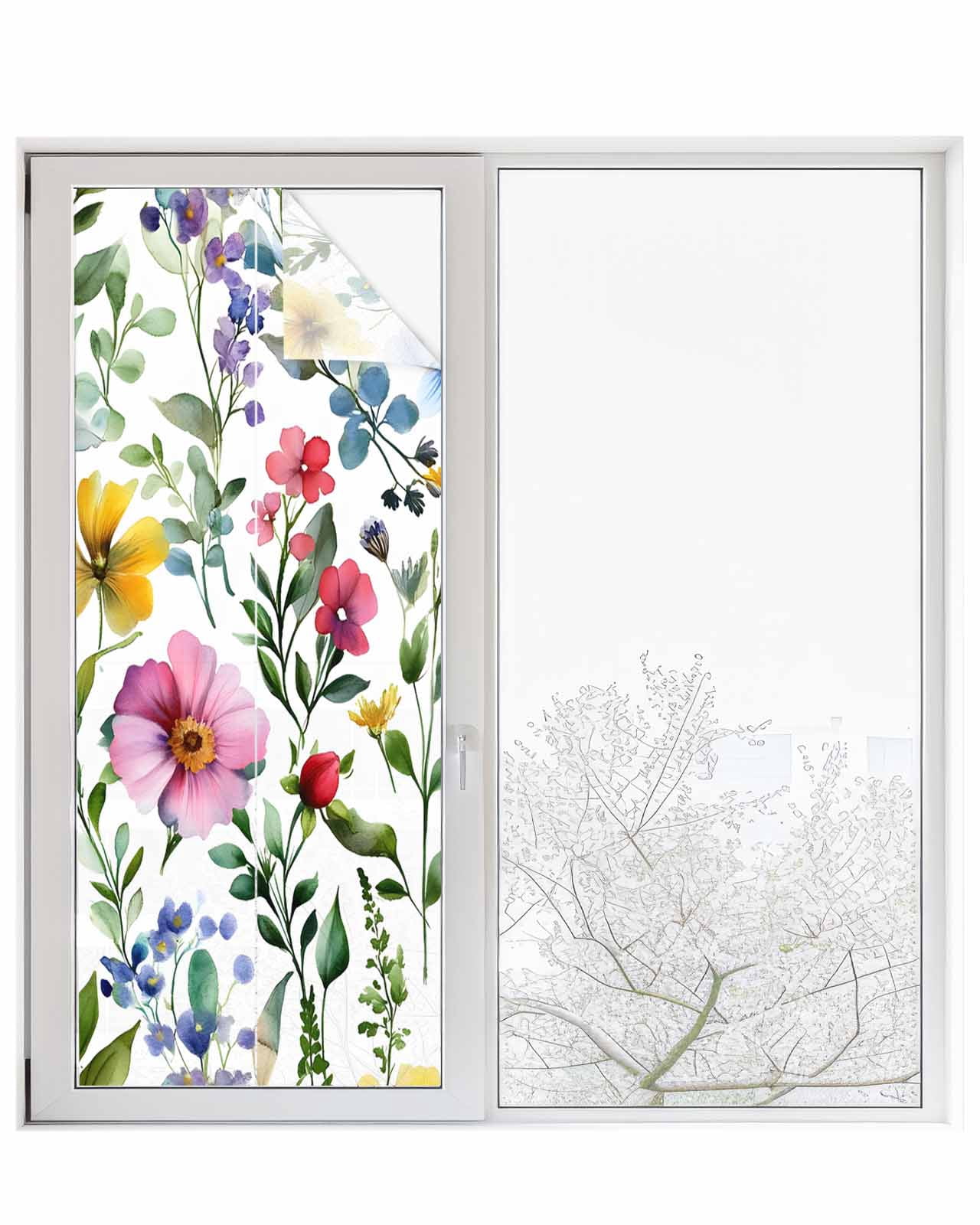 Window Privacy Film Spring Flower Stained Glass Window Film Decorative Sun Block Window Cover Retro Farm Summer Leaf Plant Watercolor Window Clings Static Adhesive Sticker for Bathroom 23.6"x59"