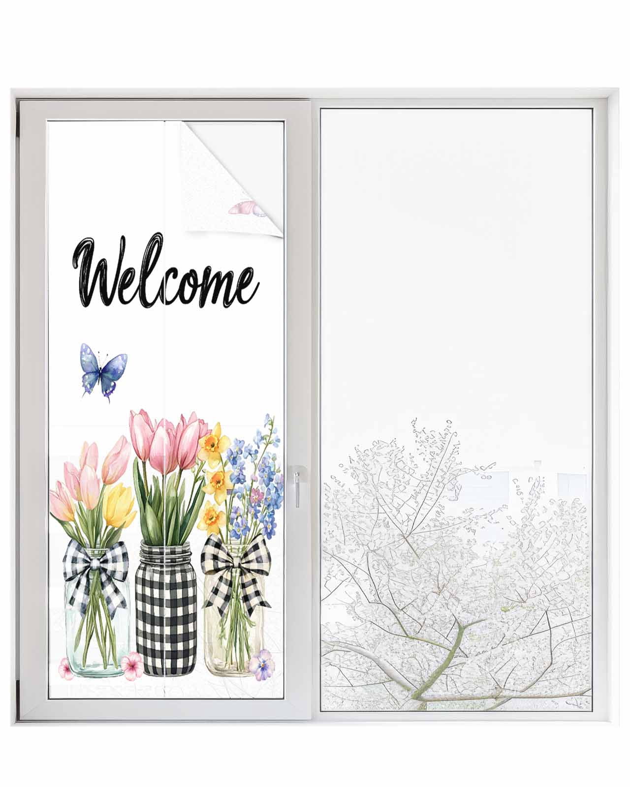 Window Privacy Film Spring Flowers Stained Glass Window Film Decorative Sun Block Window Cover Farmhouse Tulip Botanical Watercolor Window Clings Static Adhesive Sticker for Bathroom 23.6"x59"