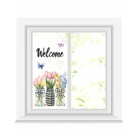 Window Privacy Film Spring Flowers Stained Glass Window Film Decorative Sun Block Window Cover Farmhouse Tulip Botanical Watercolor Window Clings Static Adhesive Sticker for Bathroom 17.7"x39.3"