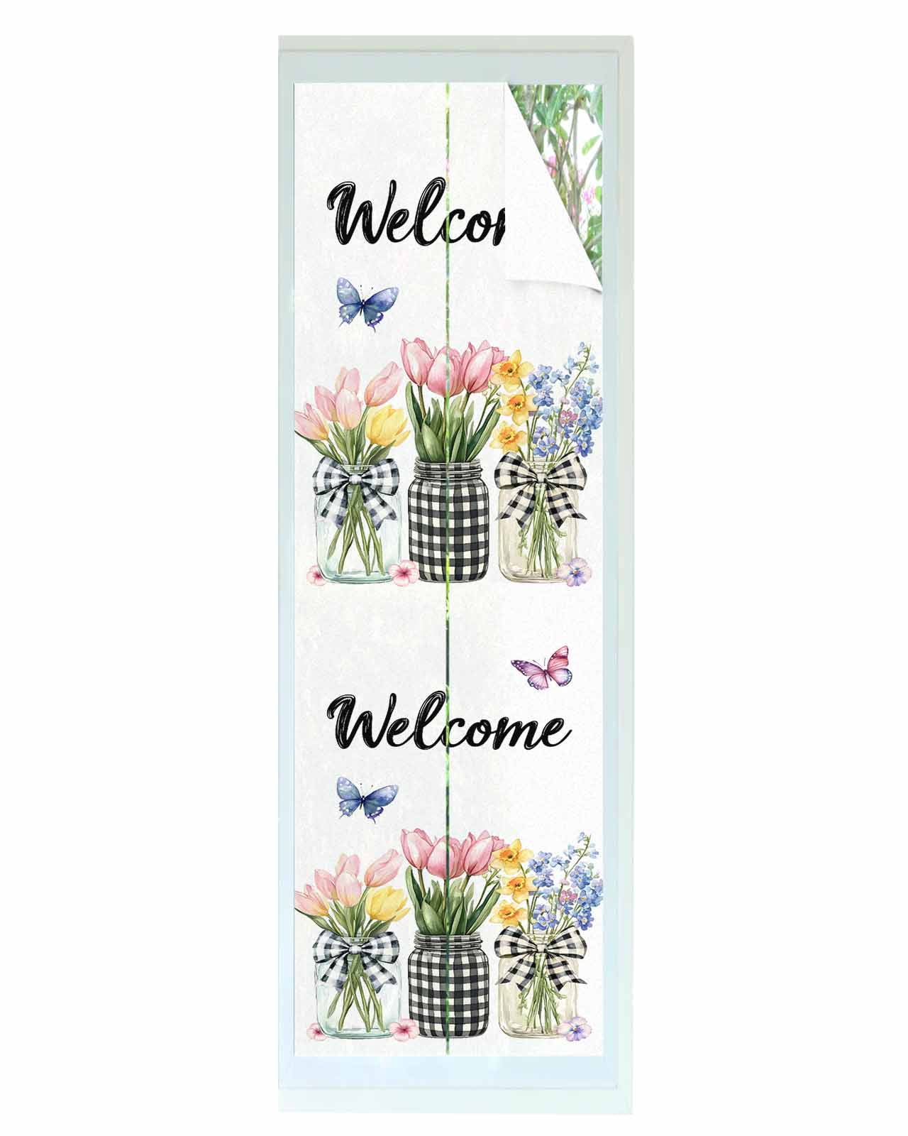 Window Privacy Film Spring Flowers Stained Glass Window Film Decorative Sun Block Window Cover Farmhouse Tulip Botanical Watercolor Window Clings Static Adhesive Sticker for Bathroom 29.5"x118"