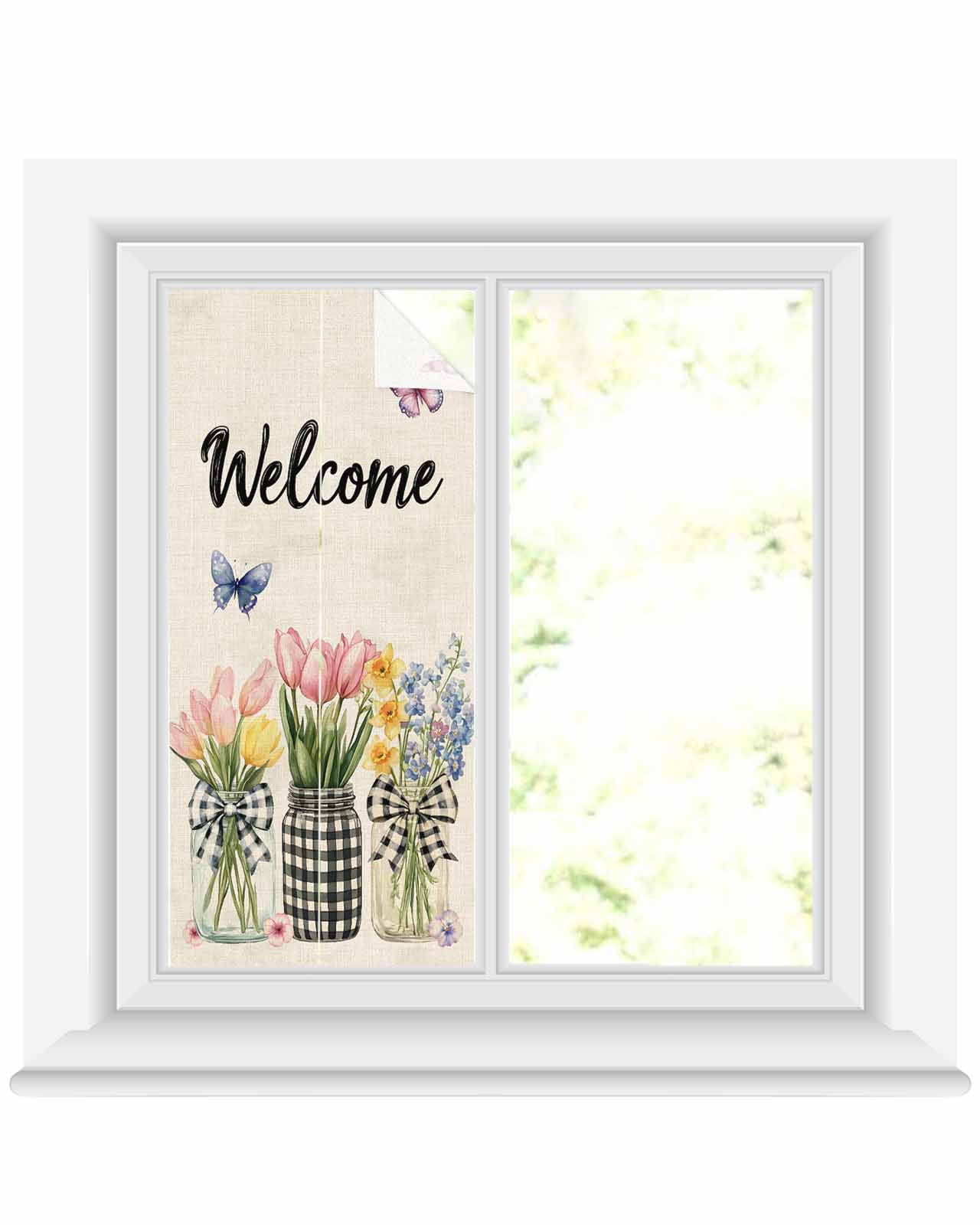 Window Privacy Film Spring Flowers Stained Glass Window Film Decorative Sun Block Window Cover Vintage Farmhouse Tulip Botanical Window Clings Static Adhesive Sticker for Bathroom 19.6"x39.3"