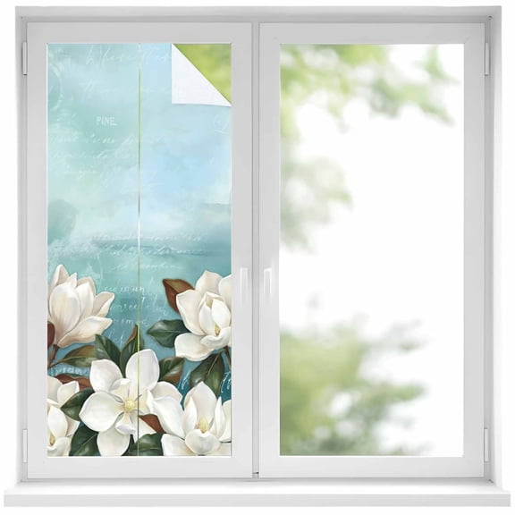 Window Privacy Film Spring Flowers Stained Glass Window Film Decorative Window Cover White Magnolia Blossom Botanical Blue Green Window Clings Static Adhesive Sticker for Bathroom 17.7"x39.3"