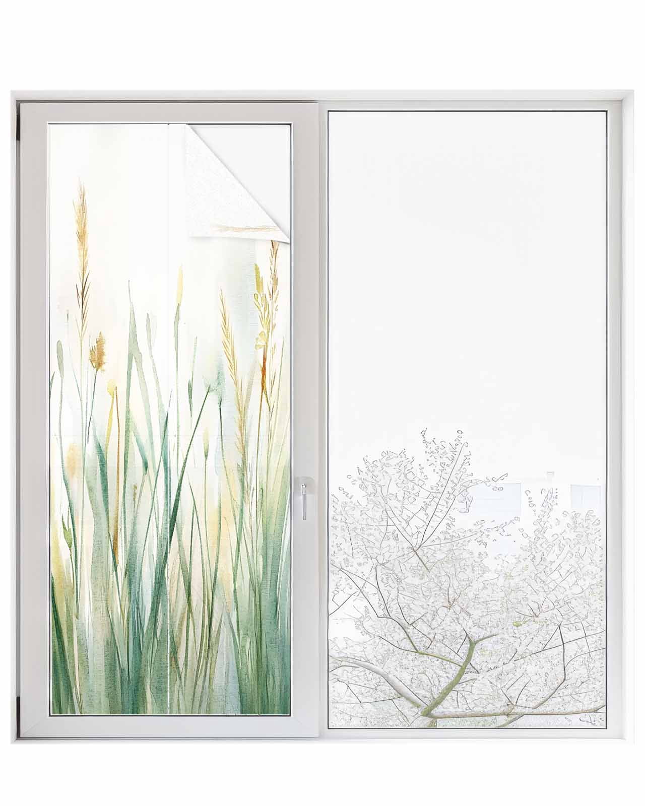 Window Privacy Film Spring Green Leaf Stained Glass Window Film Decorative Sun Block Window Cover Country Botanical Watercolor Plant Window Clings Static Adhesive Sticker for Bathroom 23.6"x59"