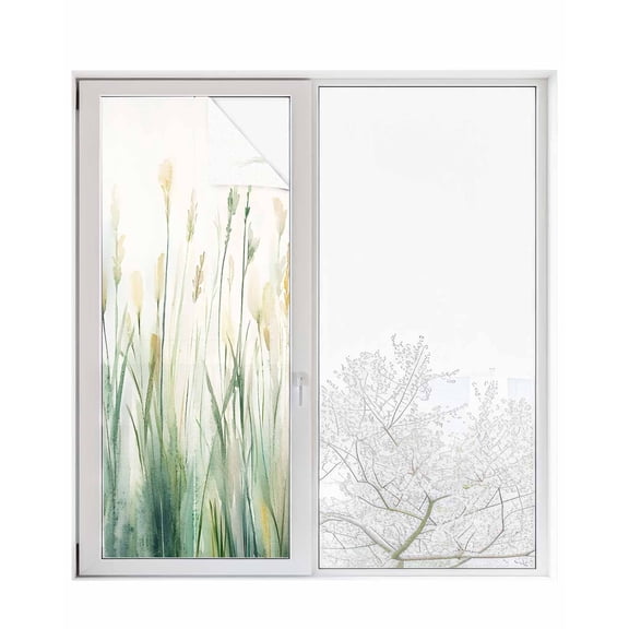 Window Privacy Film Spring Green Plant Stained Glass Window Film Decorative Sun Block Window Cover Country Botanical Watercolor Leaf Window Clings Static Adhesive Sticker for Bathroom 23.6"x59"