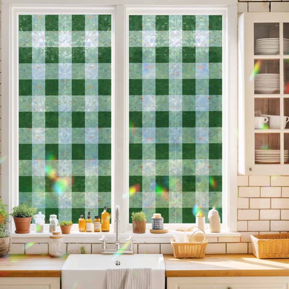 Window Privacy Film,Spring Green White Plaid Static Clings Decorative Rainbow Window Films Stickers Easter Gingham St. Patrick's Day Sun Blocking Glass Cover for Home Bathroom Office,17.7"x39.3"