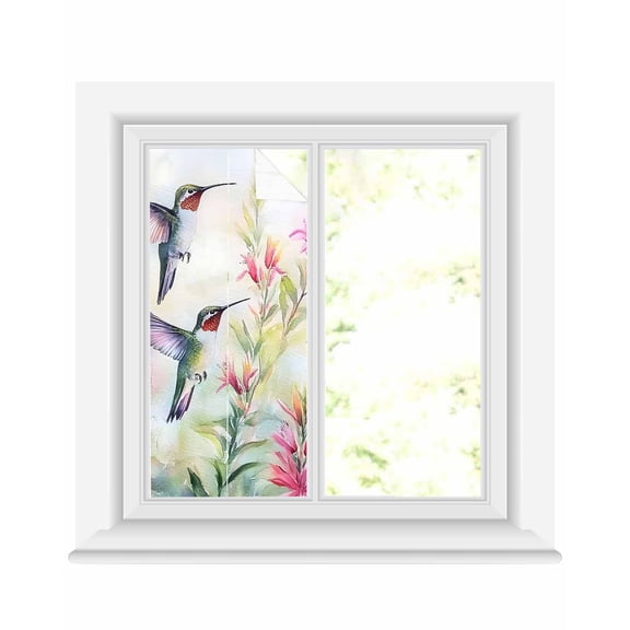 Window Privacy Film Spring Hummingbird Stained Glass Window Film Decorative Sun Block Window Cover Watercolor Flower Leaf Pink Green Window Clings Static Adhesive Sticker for Bathroom 19.6"x39.3"