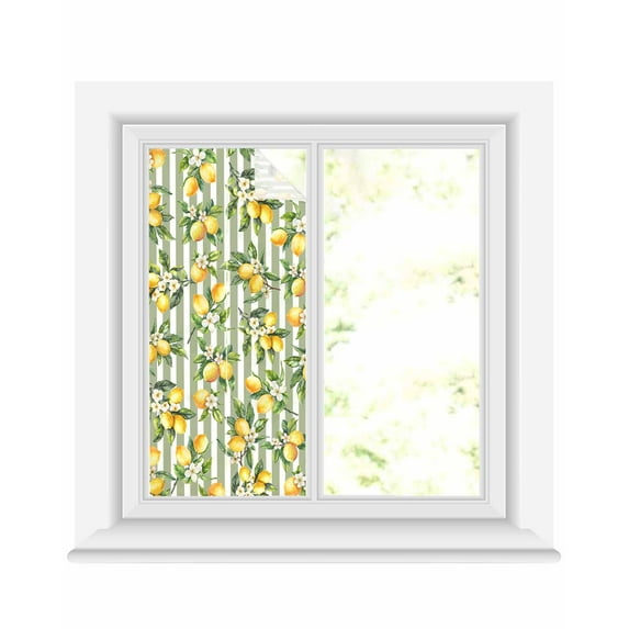 Window Privacy Film Spring Lemon Stained Glass Window Film Decorative Sun Block Window Cover Botanical Plants Sage Green Stripes Window Clings Static Adhesive Sticker for Bathroom 17.7"x39.3"