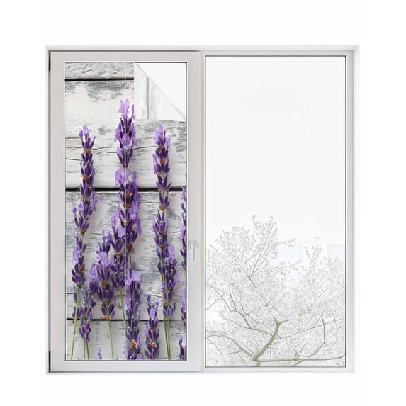 Window Privacy Film Spring Purple Floral Stained Glass Window Film Decorative Sun Block Window Cover Botanical Lavender Flower Wood Grain Window Clings Static Adhesive Sticker for Bathroom 23.6"x59"