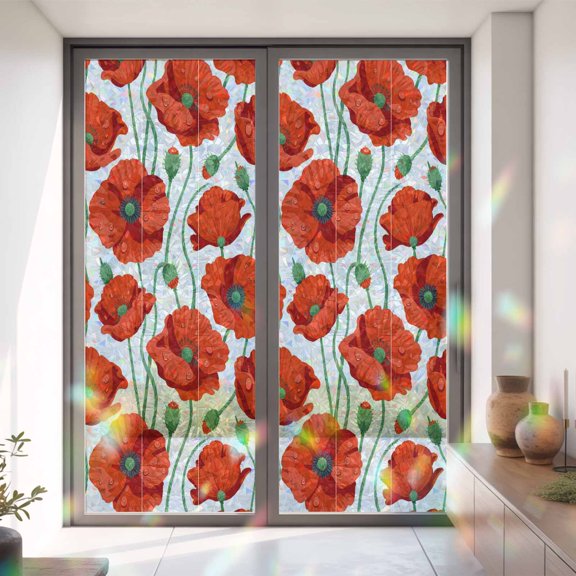 Window Privacy Film,Spring Red Poppy Flower with Drop Static Clings Decorative Rainbow Window Films Stickers Country Floral on White Sun Blocking Glass Cover for Home Bathroom Office,35.4"x78.7"