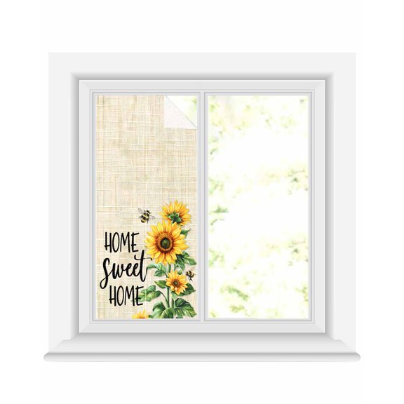Window Privacy Film Spring Sunflowers Stained Glass Window Film Decorative Sun Block Window Cover Bee Beige Farm Country Rustic Window Clings Static Adhesive Sticker for Bathroom 17.7"x39.3"
